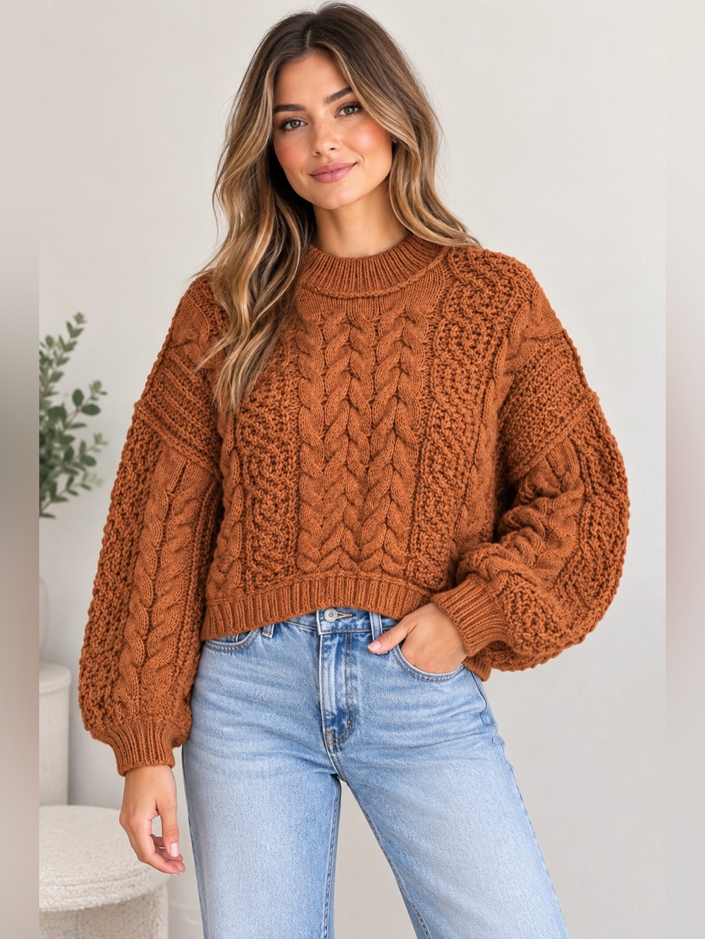 POL Chunky Cable Knit Sweater - Rust Brown